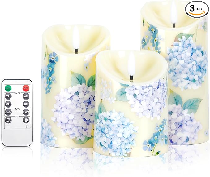 3 Pcs Hydrangea Flameless Candles Wedding Table Centerpiece Chinoiserie Candles Hydrangea Floral Printed Faux Candles with Remote Timer for Wedding Easter Home Holiday Table Decor