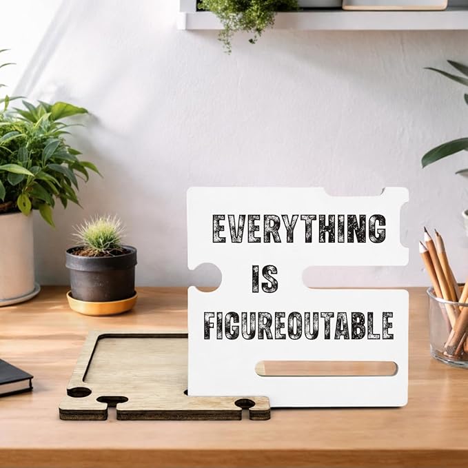 Funny Office Accountant Gifts - Multi-functional Desk Organizer - Humorous Everything Is Figureoutable Office Quote Wooden Sign for Office Desk Shelf Decor