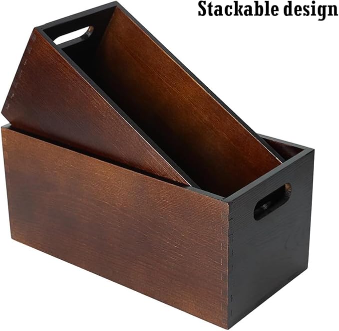 2 Pcs Wooden Nesting Crates with Handle, Rustic Decorative Stackable Cube Wooden Storage Boxes, Farmhouse Brown Natural Solid Wood Crate Box 2 Size for Party Home Table Decoration Display