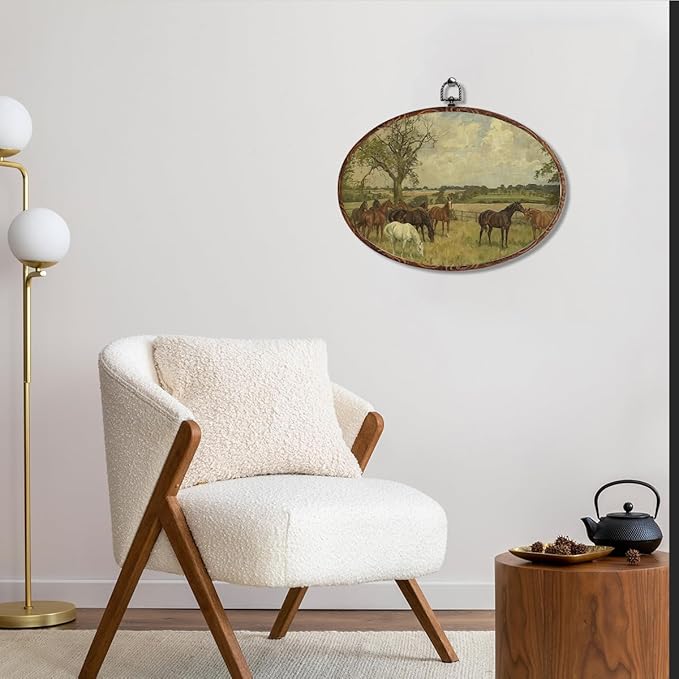 Vintage Horse Oval Framed Wall Art, Nature Landscape Picture Canvas Art Painting Wall Decor, Rustic Cottagecore Hanging Decor Print Artwork for Home Bathroom Living Room Bedroom Farmhouse 12X8.3