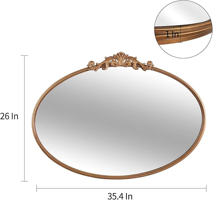 HQiJun Oval Gold Mirror for Bathroom Vanity, Baroque Ornate Vintage Wall Mirror with Large Rounded Metal Frame, Decorative Antique Brass Mirror for Bedroom, Dresser, Entryway (Gold, 24”x 35.5" x1.2")