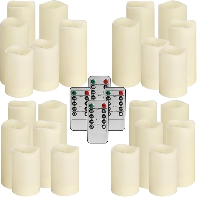 YOROXRG Set of 24 Waterproof Outdoor Flameless Candles, LED Candles with 4 Remote and Timer,(H 4" 5" 6" x D 2.2"),for Halloween Wedding Festiv