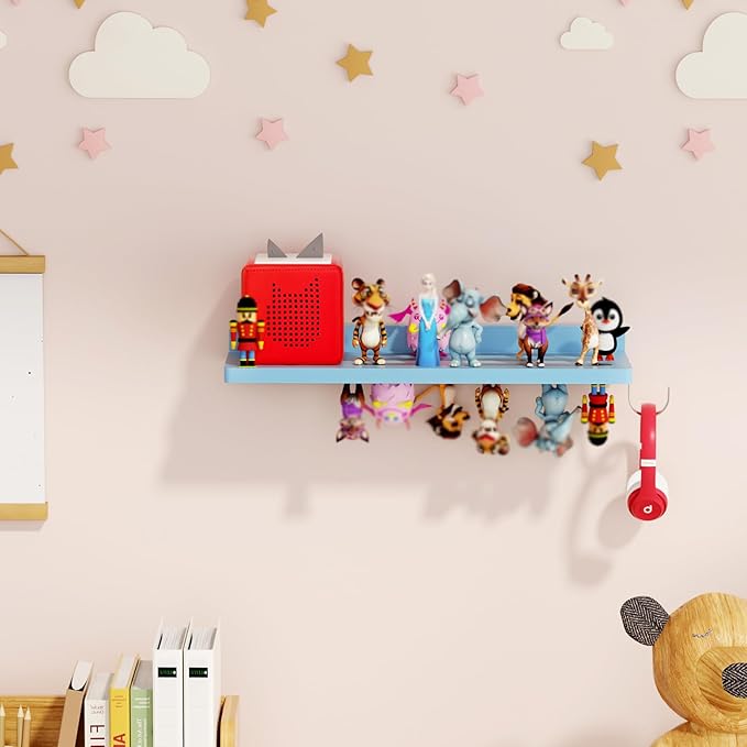 for Tonies Shelf Magnetic - Tonies Figure Organizer for Kids Room, Wooden Magnetic Display Shelf for Tonies Box Holder, Wall Floating Shelves Toy Storage Compatible Charging Station (1 Tier, Blue)