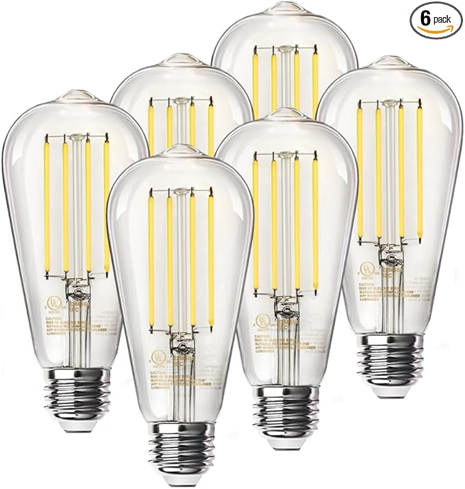TJOY Edison Light Bulbs, Dimmable Vintage LED Light Bulbs, E26 Medium Base, Warm White 2700K, ST58, 6W, 800LM, 80+ CRI, Antique Decorative LED Filament, Clear Glass, 6 Pack