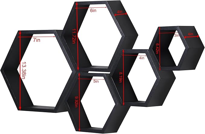 PHOENANCEE Hexagon Floating Shelves,Wall Mounted Wood Farmhouse Storage Honeycomb Shelf Set of 5,for Bathroom, Kitchen, Bedroom, Living Room,Office,Home Room Wall Decor Driftwood Finish