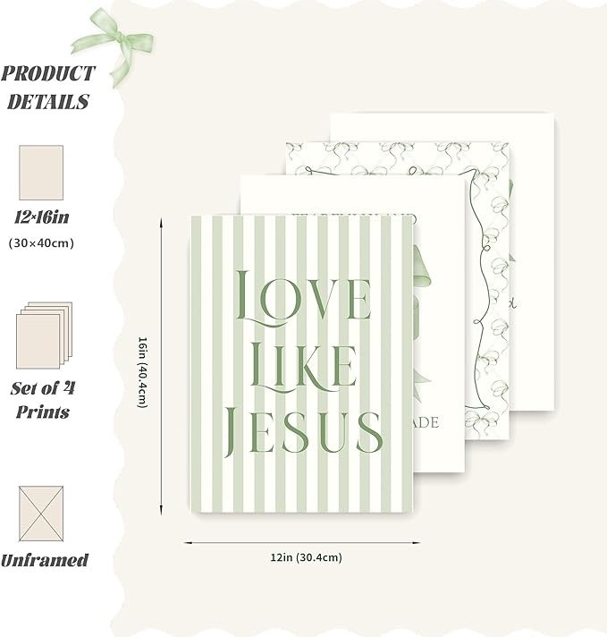 LARTSFRO Coquette Sage Green Bow Jesus Wall Art Decor Posters, Green Bow Room Bedroom Bathroom Wall Art Decor Aesthetic for Teen Girls Gifts, Inspirational Bible Verses Bow Wall Decor, 12x16 Inch Set of 4 Bow Pictures(UNFRAMED)
