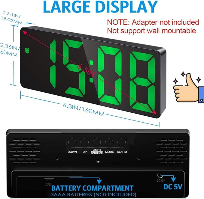 AMIR Alarm Clock, LED Clock for Bedroom, Electronic Desktop Clock with Temperature Display, Adjustable Brightness, 12/24H Display for Home (Plug Not Included)