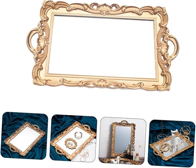 Retro Mirror Makeup Tray Golden Rectangular Plastic Cosmetics Storage Plate European Style Perfume Organizer Decorative Household Vanity Display Tray