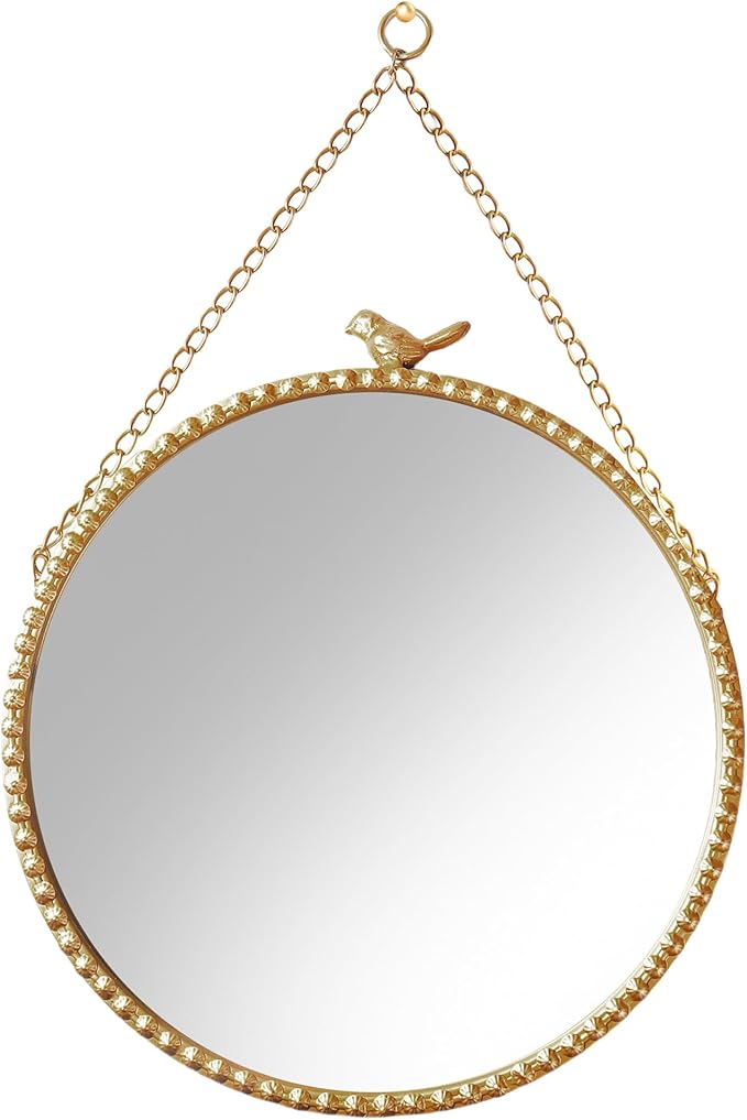9.8 Inch Small Vintage Gold Round Wall Mirror with Sparrow Design-Iron Framed Mirror for Bathroom, Bedroom Or Dressing Room-Small Wall Mounted Mirror with Metal Bead Accents