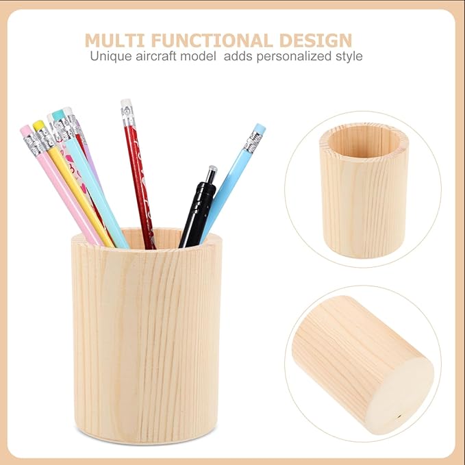 COHEALI 2 Pack Unfinished Wooden Round Pencil Holders Solid Color Diy Pen Organizer Containers for Office Desk Makeup Brush Storage 3.93X3.14 Inch Home Classroom Use