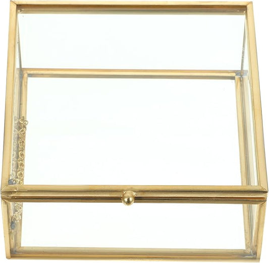 INOOMP Jewelry Container Glass Case with Lid Gold Alloy Frame Glass Perfume and Cosmetic Organizer Dustproof Jewelry Storage Box for Home Desktop