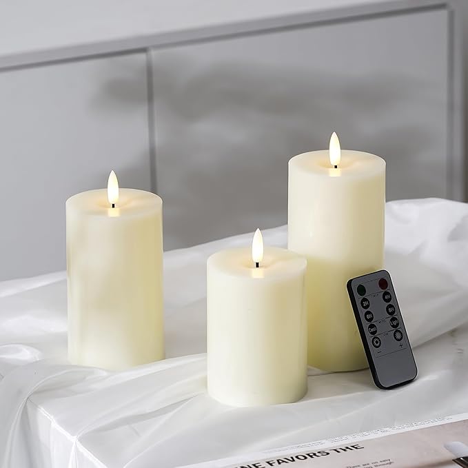 Stmarry Ivory Flameless Candles with Remote and Timer, Real Wax Made LED Pillar Candles Battery Operated with 3D Flickering Flame - 3" x 4",5",6" - Set of 3