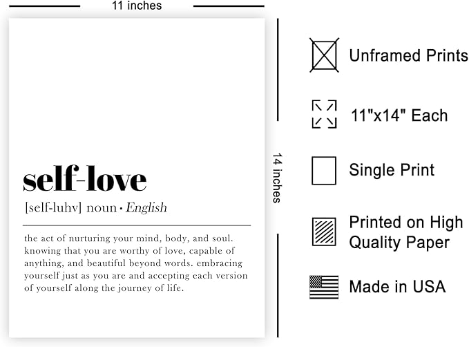 Poster Master Definition of Self Love Print - Typography Poster - Dictionary Art - Minimal Gift for Men & Women - Motivational Decor for Bedroom, Living Room or Dorm - 11x14 UNFRAMED Wall Art