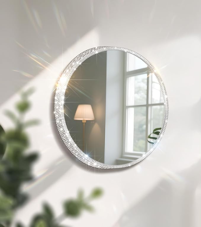 Crystal Diamond Wall Mounted Mirror Silver Makeup Mirror 12inch Round Bing Mirror for Bedroom Real Glass Mirror for Wall Decor