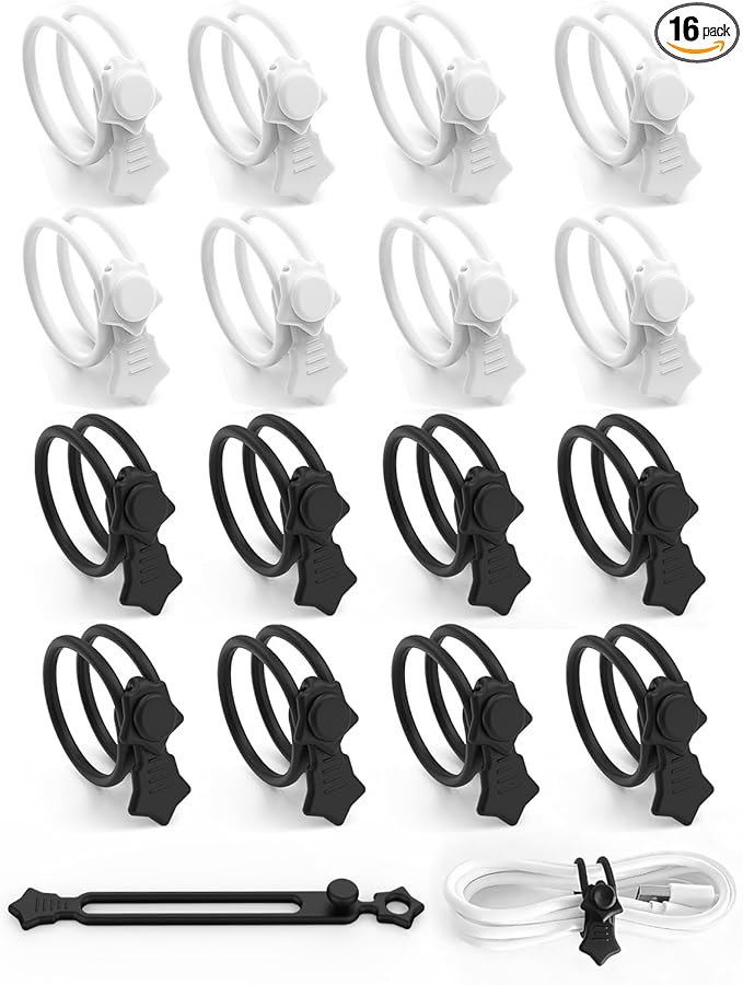 Quick Bind–Silicone Cable Ties Reusable, Cord Organizer for Charging Cables, Data Cables & Computer Wires, Multipurpose Elastic Cable Management Straps for Home,Office,Travel(16pcs,Black&White)
