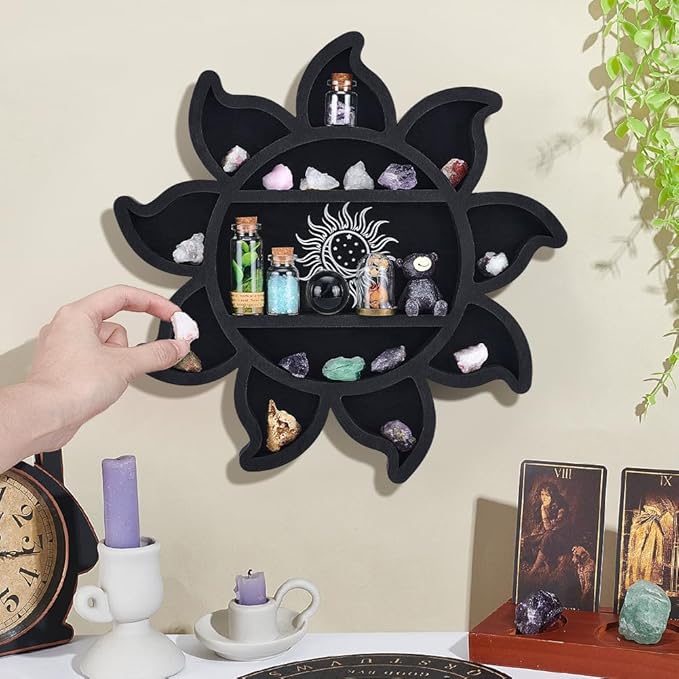 peacoblue Sun Flower Crystal Display Shelf Wall - 11.8×11.8×1.12" Wooden Wall Decor Art Hanging Case with 3-Layer Crystals Gem Stone Storage Organizer for Boho Witchy Home Decor or Modern Interiors