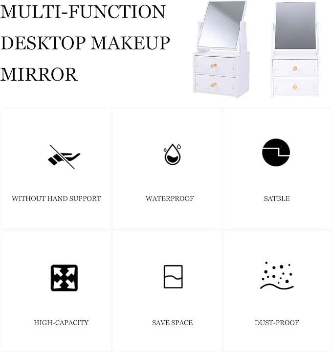 OSALADI Desktop PVC Makeup Mirror with Non-Skid Storage Box and Dual Drawers, Vanity Table Cosmetic Organizer for Bedroom and Travel Use