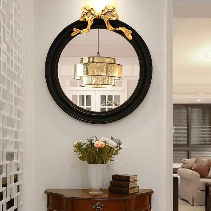25x25 inch Bow Antique Round Mirror for Wall, Gold & Black Decorative Wall-Mounted Circle Mirror, Perfect for Bedroom, Hallway, Living Room Décor, and Bathroom Vanity
