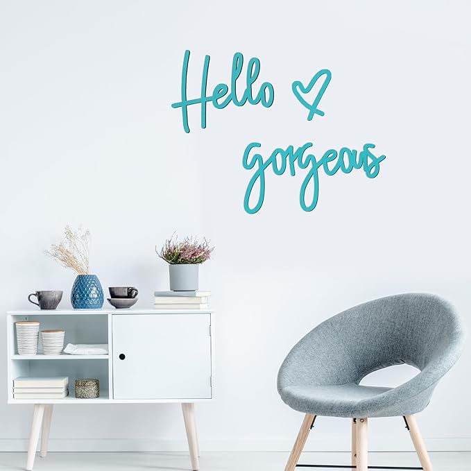 Blulu Hello Gorgeous Wall Decor Sign Hello Gorgeous Wall Art Minimalist Wooden Words Decor for Lash Room, Salon, Vanity or Makeup Room, Bathroom, Bedroom, Office(Blue)