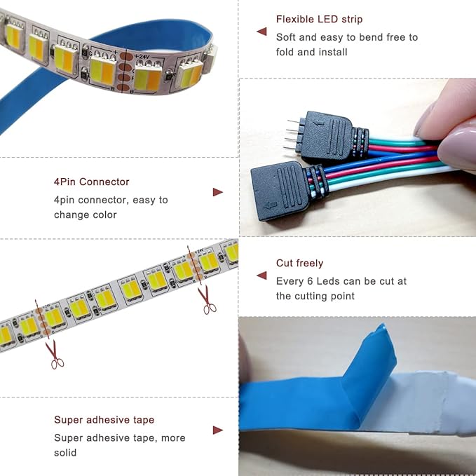 24V 2 in 1 LED Strip Lights, 16.4ft CCT Cold White + Warm White, Color Temperature Adjustable (2800K to 6500K) Light Strips IP20 Total 600 LEDs for Bedroom, Kitchen, Advertising Decoration