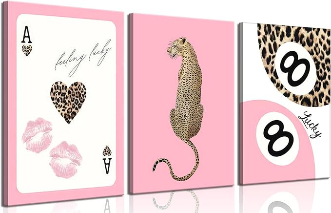 Set of 3 Trendy Pink Leopard Canvas Wall Art Cheetah Lucky 8 Ball Posters Prints Preppy Cheetah Aesthetic Wall Decor Pictures for Girly Bedroom Apartment Dorm Decoration 12x16in