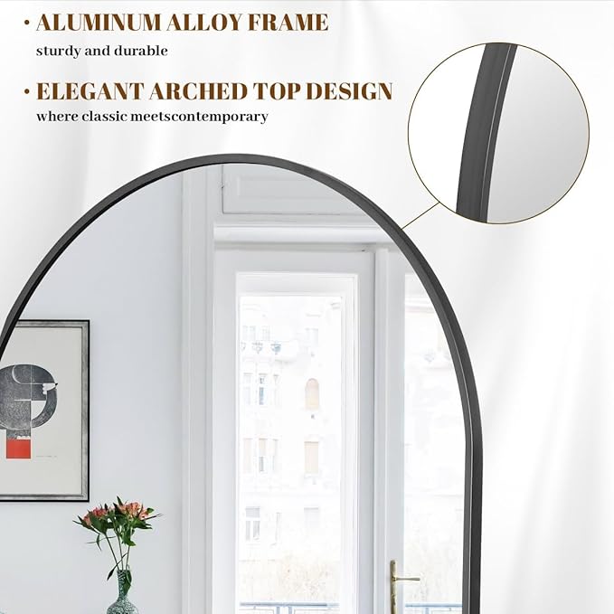 Koonmi 38"x77" Arched Full Length Mirror, Black Large Floor Mirror with Aluminum Alloy Frame, Standing Hanging or Leaning Wall-Mounted Full Body Mirror for Living Room and Bedroom