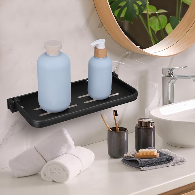 iplusmile Foldable Wall Shelf 11.92X5.23X0.90In Aluminum Storage Rack with Drainage Holes Compact Floating Bathroom Vanity Organizer for Kitchen and Laundry
