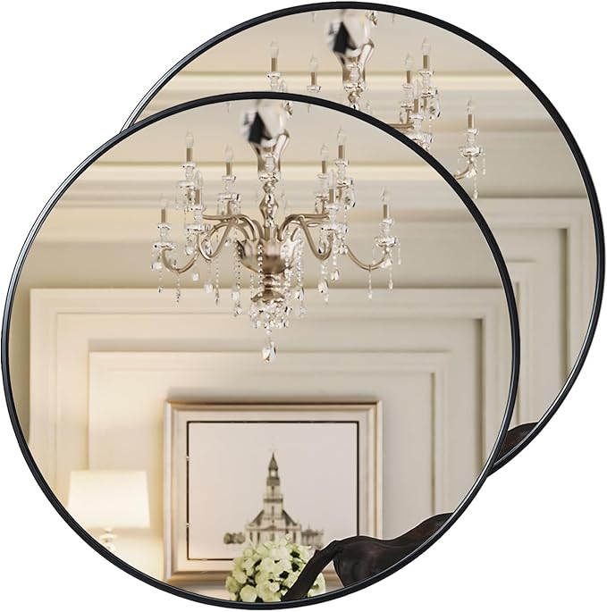 Growsun 28 inch Black Round Mirror, Wall-Mounted Circle Mirror for Bathroom & Living Room Decoration, 2 Pack