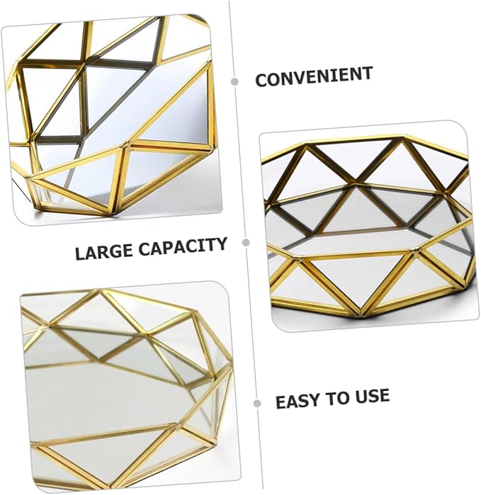 PRETYZOOM Geometric Mirror Glass Tray for Jewelry Storage Decorative Makeup Organizer Perfume Tray