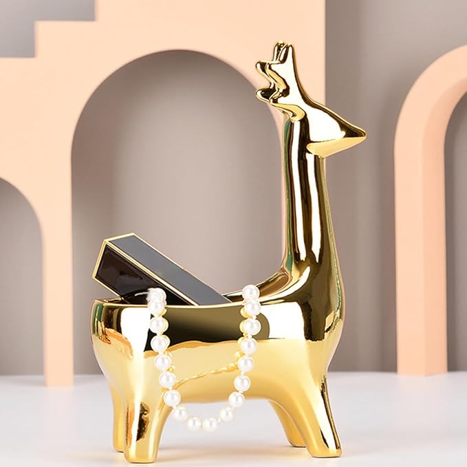 Deer Shaped Ceramic Jewelry Storage Box with Lid, Small Multipurpose Cosmetics and Sundries Organizer for Desktop Home Décor, Gold Decorative Container for Makeup and Accessories