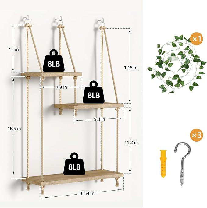 Hanging Shelves for Wall with Vine Lights 3 Tier Boho Wall Shelf Macrame Floating Shelves Rope Rustic Wood Organizer Storage Hanger Rack Decor Aesthetic for Succulents Kitchen Bedroom Bathroom