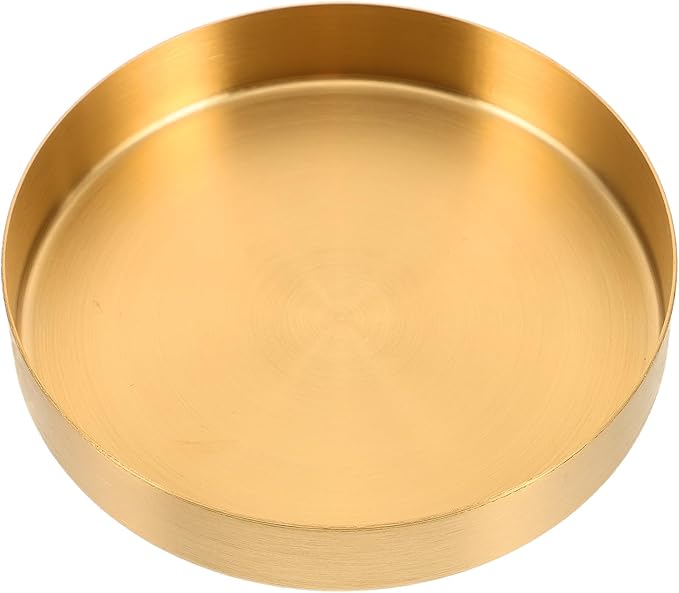 Gold Round Tray Coffee Table Tray Decorative Metal Candle Plate Stainless Steel Circle Serving Platter Spa Makeup Organizer Dish Farmhouse Centerpiece Home Bathroom Decor (Golden, 12.50CM)