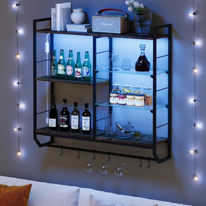 EYCOAL Gaming Floating Shelves, Wall Mounted Wooden Decor Display Shelf with 34" LED Lights and Adjustable Glass Bar Wine Shelf, Extra Hanging Hooks Storage for Gaming Room and Living Room