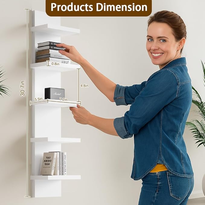 5 Tier Wall Shelves White, Vertical Column Shelf Floating Storage Home Decor Organizer Tall Tower Design Utility Shelving for Bedroom Living Room