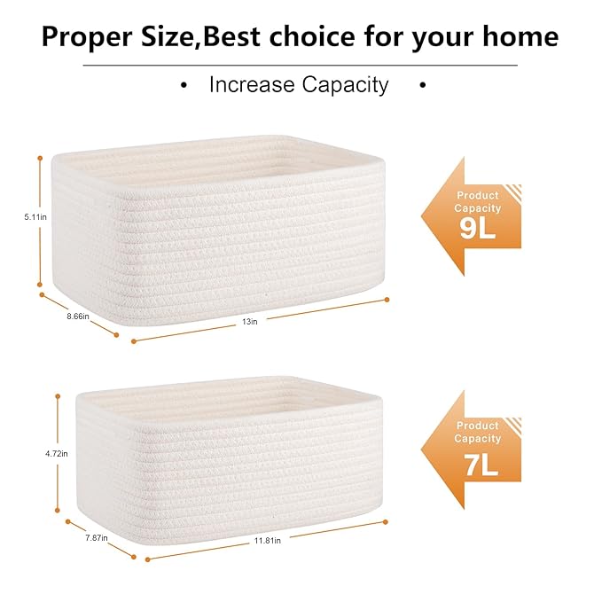 OIASKET 4 Pack Small Storage Shelf Baskets for Organizing, Mini Woven Rope Storage Bins for Towels, Cute Decorative Closet Organizer，Baby Nursery, Gift Empty Baskets -13''Lx8.66''Wx5.11''H-White