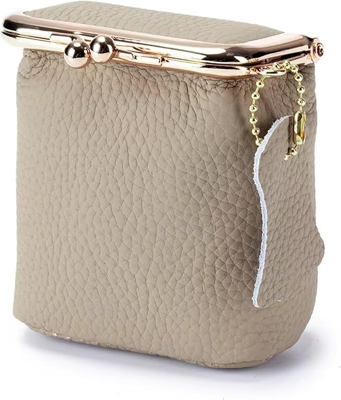 Genuine Leather Mini Jewelry Box for Women, Square Coin Purse with Kiss Lock, Makeup Cosmetic Bag Organizer Travel Case (Large, Beige)