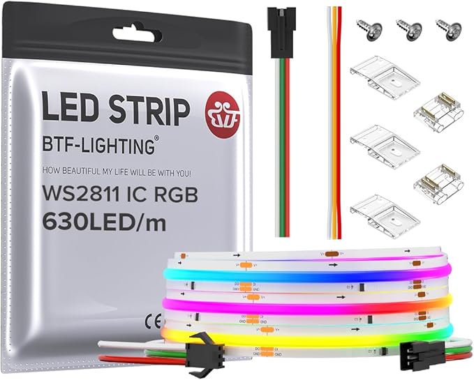 BTF-LIGHTING FCOB WS2811 IC RGB COB LED Strip 9.8FT DC24V 630LED/m Flexible High Density Uniform Chasing Color Light 14IC/m 10mm Width Dream Color for Home Indoor Decor(No Adapter or Controller)
