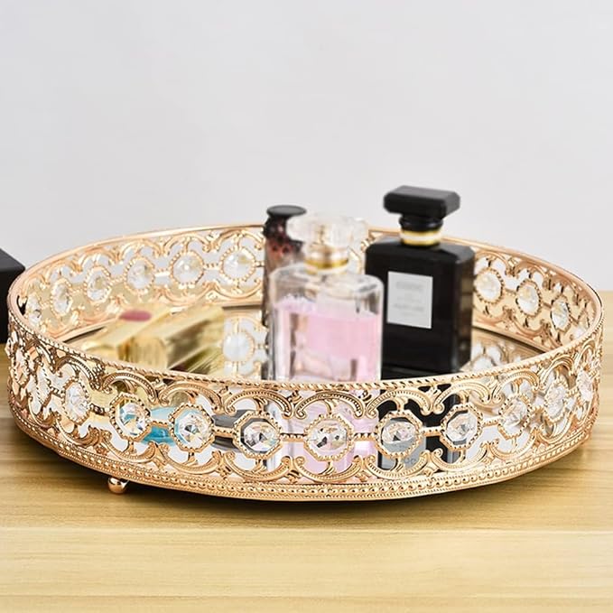 Round Gold Mirror Coffee Table Tray - Decorative Organizer for Perfume, Makeup, Vanity, Dresser Tops (11.8 in)