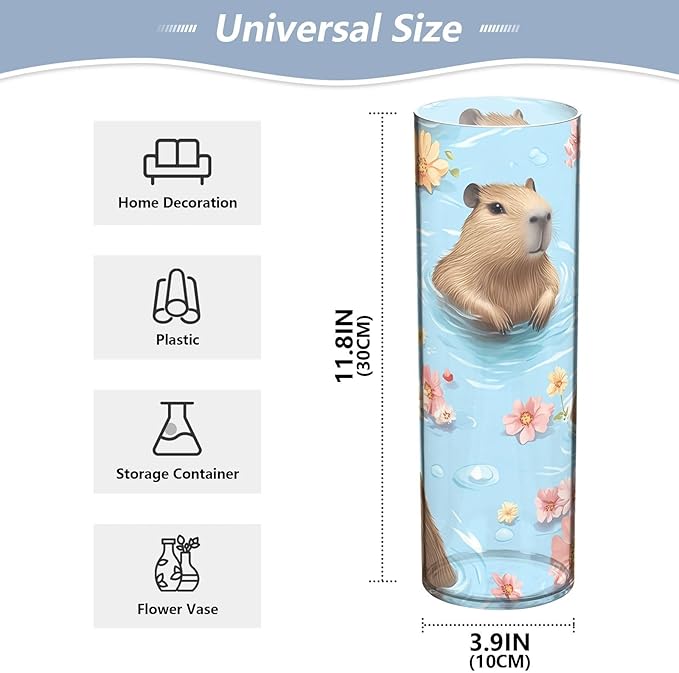 YETTASBIN Cute Capybaras Plastic Cylinder Flower Vase for Plants Bouquet, 1 Pack Unbreakable Tall Clear Vase for Wedding Centerpieces Home School Office Decor, 11.8 x 3.9 Inch