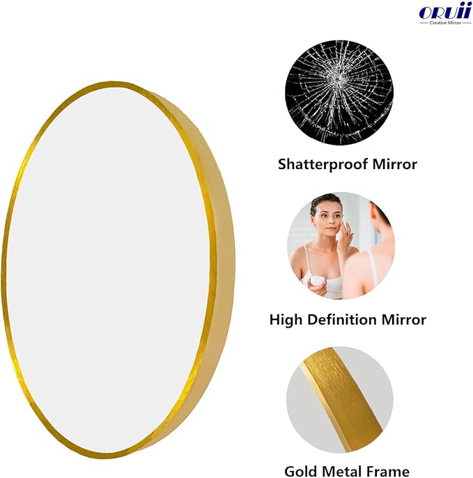 Oruii Gold Circle Mirror, 20 inch Gold Round Mirror, Circular Wall Mirrors Metal Frame, Round Wall Mirrors for Living Room, Bedroom, Bathroom, Hallway, Rustic, Vanity.