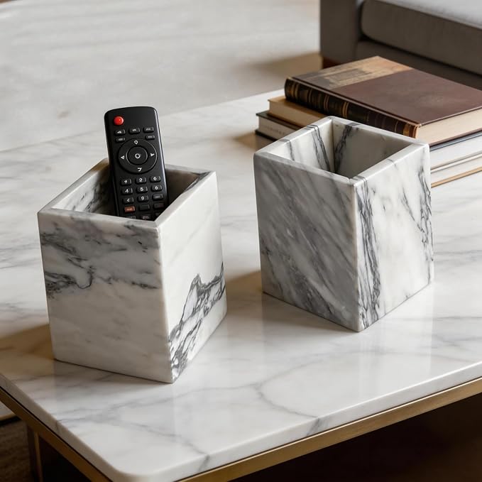 Natural Marble Stone Square Storage Container Empty Vessel Holder Cup for Candle/Pens/Sundries items (Arabescato White)