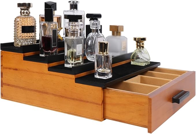 Cologne Organizer for Men，4 Tier Wood Perfume Display Stand with Velvet Lining Drawer and Hidden Compartment ，Perfume Organizer for Men，Great Gift for Man (Walnut Black)