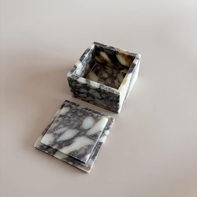 Natural Marble Ring Jewelry Box Cotton Swab Storage Box with Lid Storage Box (Calacatta Violet)