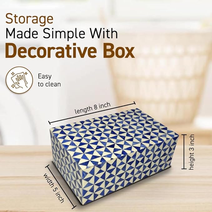 Perilla Home ﻿Home Decor Decorative Storage Wooden Box Small Rectangle Wooden Organizer Tool Stash Card Craft Book Treasure Trinket Memory Keepsake Jewelry Box Jestor Gifts For All Blue and off white