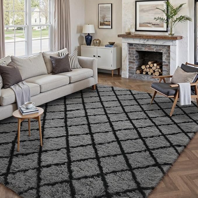 PureCozy 6x9 Checkered Rug for Living Room Grey and White Modern Soft Area Rug Fluffy Non-Slip Carpet for Bedroom Playroom Home Aesthetic Decor