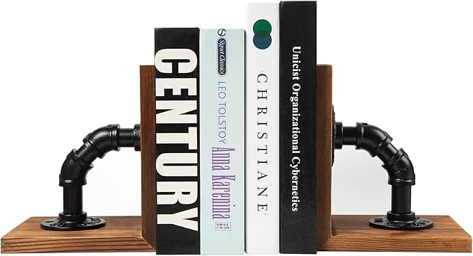 Rustic Decorative Wooden Tabletop Farmhouse Bookends for Heavy Books with Modern Industrial-Style Pipe Office Desktop Bookshelf Organizers Stoppers Holder Nonskid Shelf Decor 1-Pair (Brown)