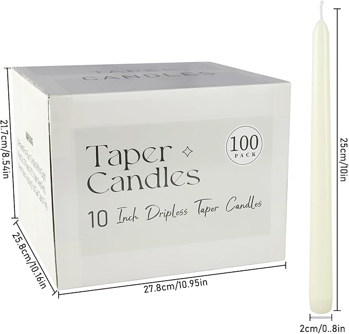 YOROXRG 100Pack Ivory Taper Candles, 7-8 Hours Burn Time, Unscented, Smokeless and Dripless, 0.75 x 10 Inch Dinner Candle Set for Household, Wedding, Party and Home Décor Candlesticks