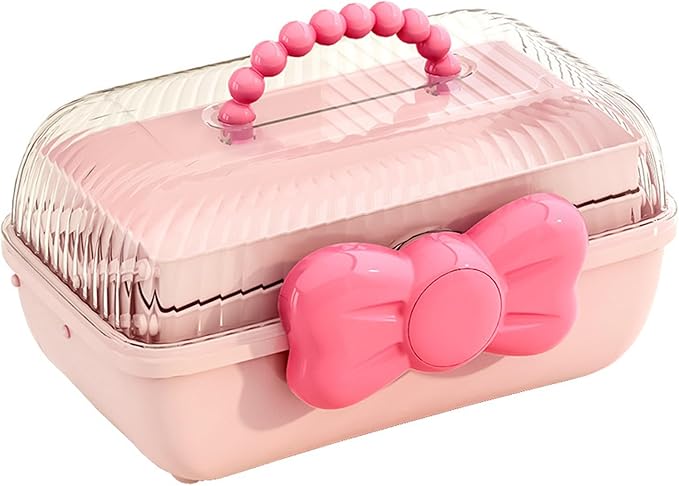 Cute Girls Hair Accessories Storage Box Bow Switch Organizer Box Jewelry Box | Kids Hair Accessories Organizer | 3 Layers Foldable Storage Box with Handle Plastic Makeup Jewelry Holder (Pink)