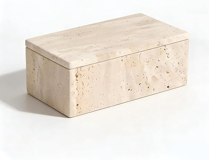 Natural Marble Storage Rectangle Containers Cotton Swab Holder, Organizers with Lids,Travertine Stone Box for Qtips, Makeup, Bathroom Essentials & Home Storage (rectangular box)