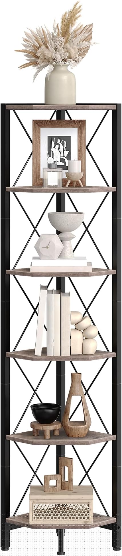 CHOEZON 6-Tier Corner Shelf, Corner Bookcase, 66.9" Tall Vertical Display Rack, Plant Stand, Open Storage Shelf, for Living Room, Bedroom, Study, Kitchen, Greige and Black TCJ13BG